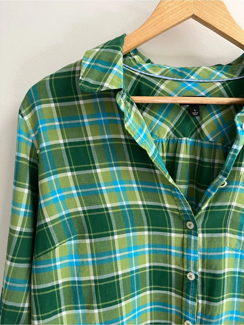 Talbots Plaid Cotton Button Down Convertible Sleeve Shirt Green Blue L